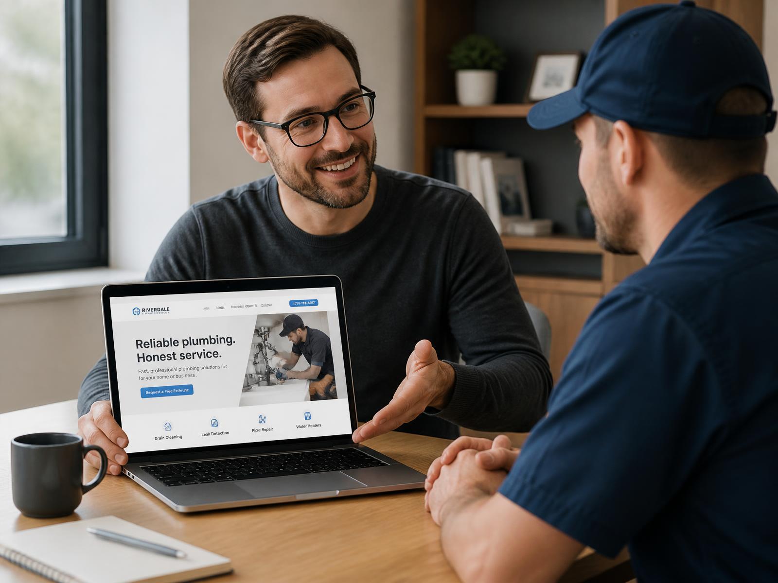 Website designer presenting a modern website design to a local plumbing contractor on a laptop.